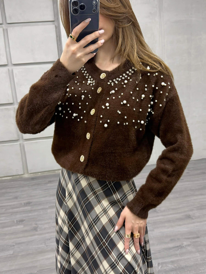 Göğsü İnci Ve Taşlı Peluş Hırka 7584 Kahve