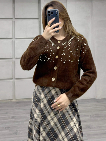 Göğsü İnci Ve Taşlı Peluş Hırka 7584 Kahve