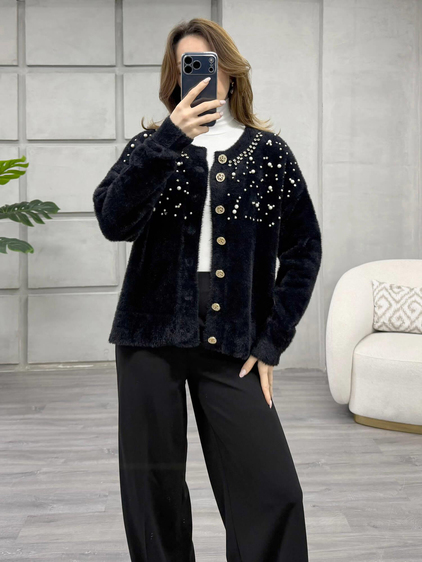 Göğsü İnci Ve Taşlı Peluş Hırka 7584 Siyah