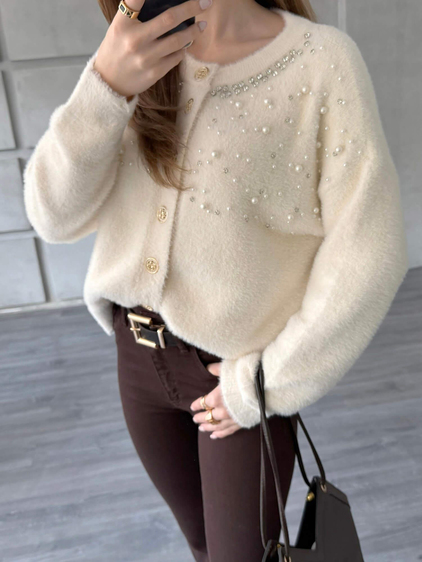 Göğsü İnci Ve Taşlı Peluş Hırka 7584 Vanilya