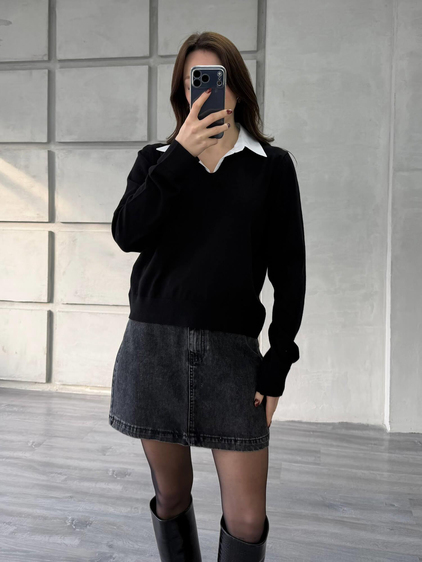 Gömlek Yakalı Kazak 145305 Siyah - Kemik