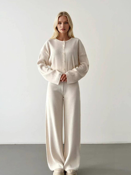 İnce Fitilli Düğmeli Hırka Pantolon Takım 5018 KremCoral