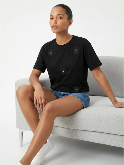 İncili Çiçek İşlemeli Tişört 7549 Siyah