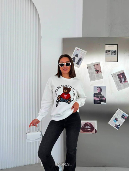 Kabartmalı Ayıcık Baskılı Sweatshirt 5912 Beyaz