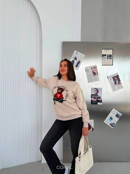Kabartmalı Ayıcık Baskılı Sweatshirt 5912 Bej