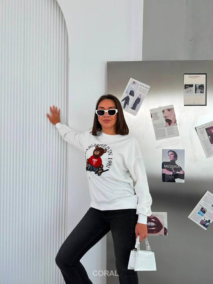 Kabartmalı Ayıcık Baskılı Sweatshirt 5912 Beyaz