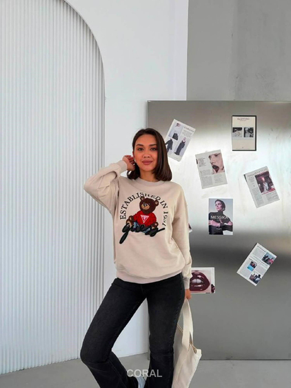 Kabartmalı Ayıcık Baskılı Sweatshirt 5912 Bej