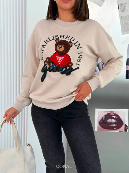 Kabartmalı Ayıcık Baskılı Sweatshirt 5912 Bej