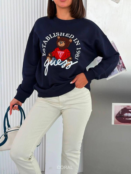 Kabartmalı Ayıcık Baskılı Sweatshirt 5912 Lacivert