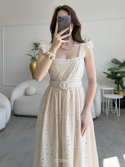 Kemerli Dantelli Brodeli Elbise 9079 Ekru
