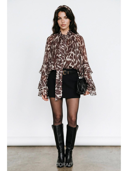 Leopar Desenli Şifon Bluz 5024 Kahve