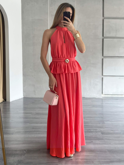 Önü Aksesuarlı Bluz Etek Takım Nar Çiçeği