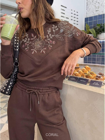 Önü Boncuk İşlemeli Sweatshirt 5974 Kahve