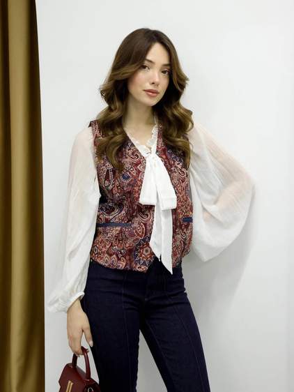 Önü Etnik Desenli Yelek 30684 Bordo