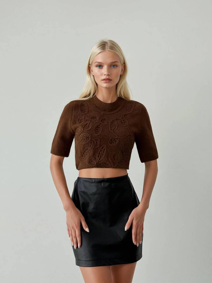 Önü İşlemeli Kısa Kazak 5021 KahveCoral