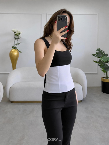 Poplin Garnili Askılı Bluz 18594 Siyah / Beyaz