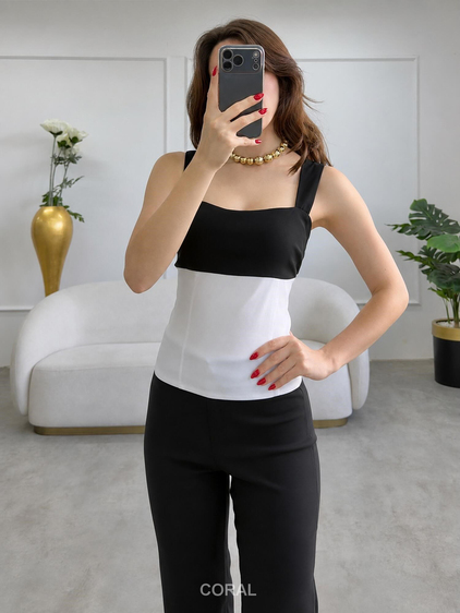 Poplin Garnili Askılı Bluz 18594 Siyah / Beyaz