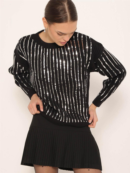 Pullu Bisiklet Yaka Kısa Kazak Siyah