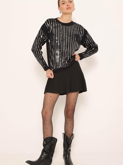 Pullu Bisiklet Yaka Kısa Kazak Siyah