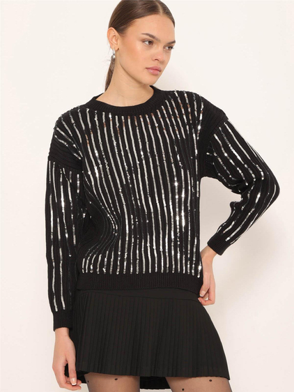 Pullu Bisiklet Yaka Kısa Kazak Siyah