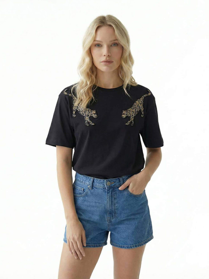 Pullu Çift Kaplan İşlemeli Tişört 7436 Siyah