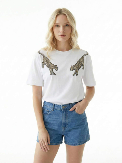 Pullu Çift Kaplan İşlemeli Tişört 7436 Beyaz