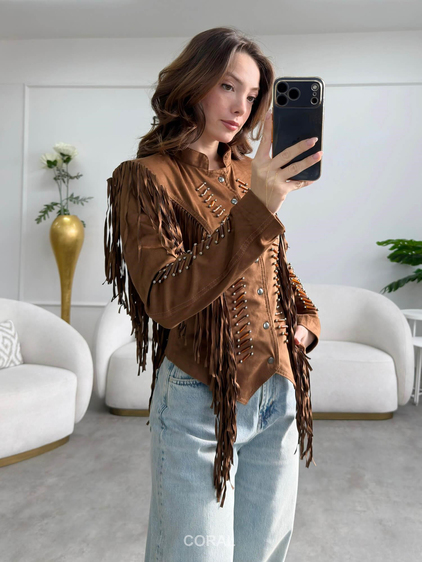 Saçaklı Süet Ceket 37812 Camel