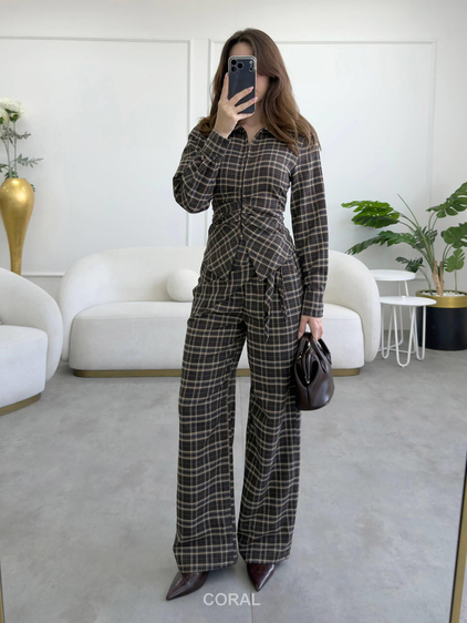 Şal Detaylı Ekoseli Pantolon PNT02457 Kahve