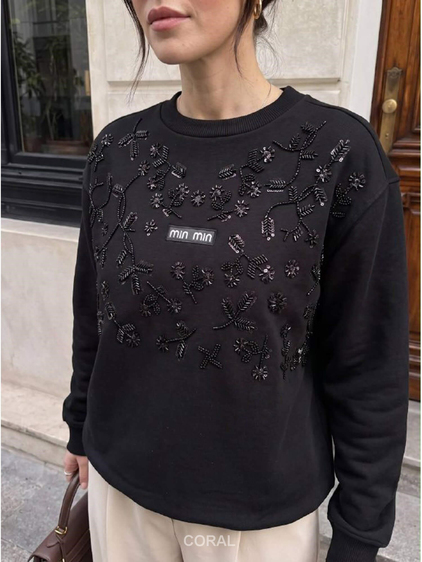 Taş İşlemeli SweatShirt 5911 Siyah
