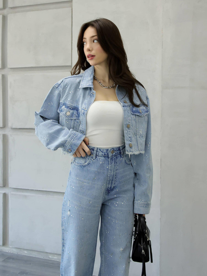 Taşlı Ceketli Kot Takım 8168 Açık Mavı