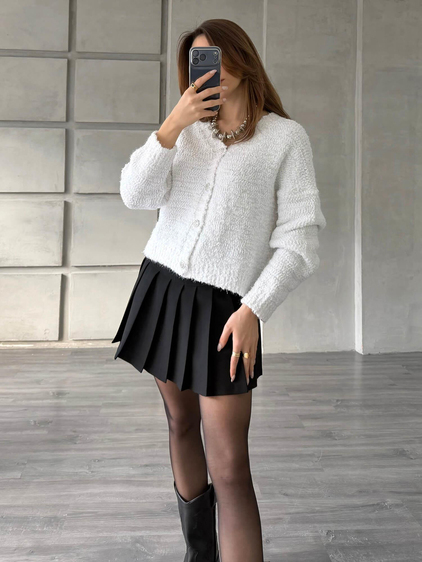 Taşlı Düğmeli Simli Hırka 3186 Beyaz