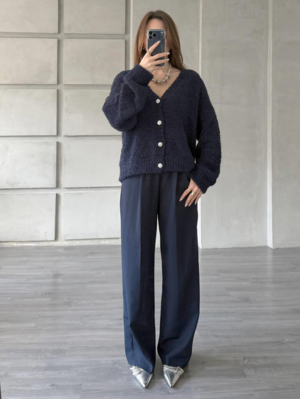 Taşlı Düğmeli Simli Hırka 3186 Lacivert