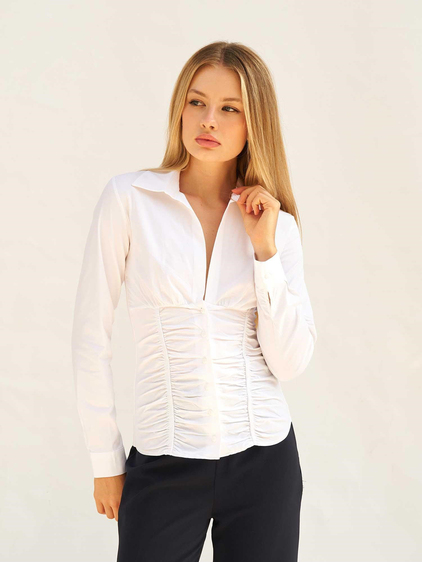 Vücuda Oturan Beli Korsajlı Poplin Gömlek 080889 Beyaz