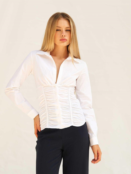 Vücuda Oturan Beli Korsajlı Poplin Gömlek 080889 Beyaz