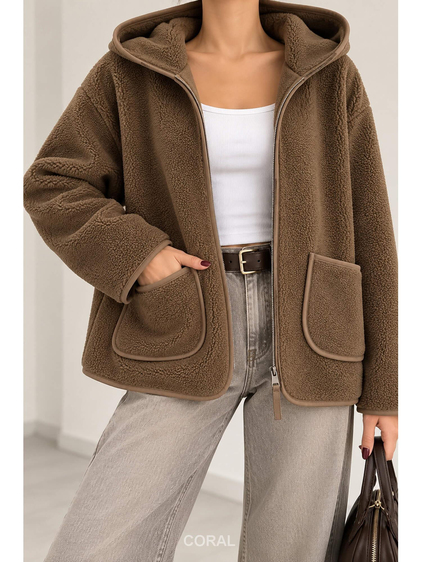 Yaka Fermuarlı Peluş Sweatshirt 6036 Dik KahveCoral
