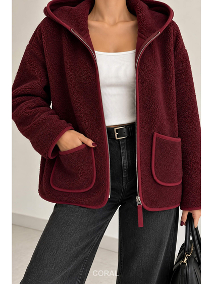 Yaka Fermuarlı Peluş Sweatshirt 6036 Dik Bordo