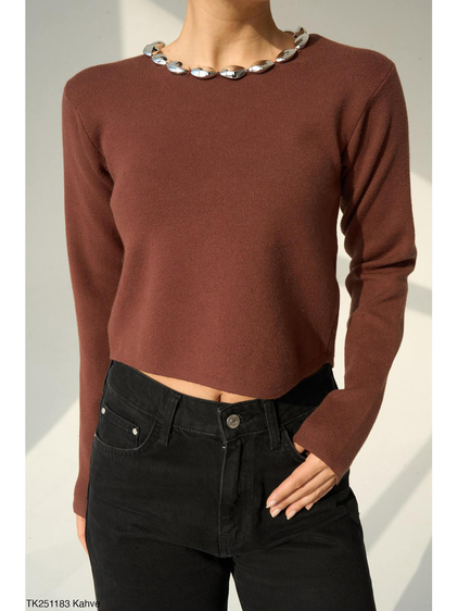 Yakası Aksesuarlı Kazak Tk251183 Kahve