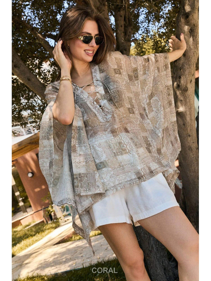 Yakası Bağcıklı Desenli Kimono 5112 Bej