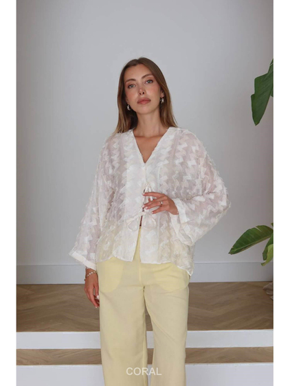 Yakası Bağcıklı Pis Dikişli Kimono 7049 Ekru