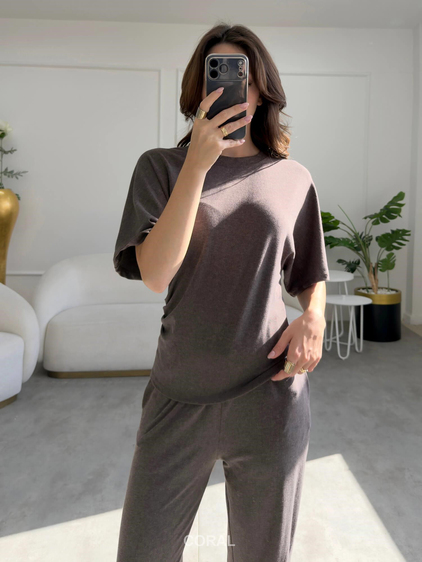 Yanları Büzgülü Kısa Kol Bluz 31363 Kahve
