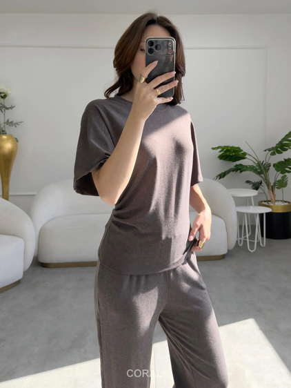Yanları Büzgülü Kısa Kol Bluz 31363 Kahve