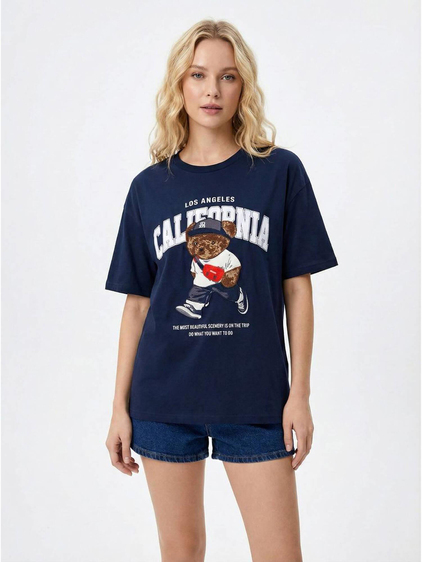 Yazılı Ayıcık Baskılı Tişört 7430 LacivertCoral