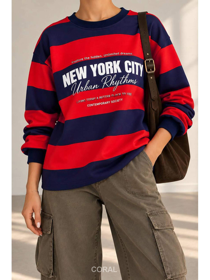 Yazılı Kalın Çizgili Sweatshirt 1132 Kırmızı