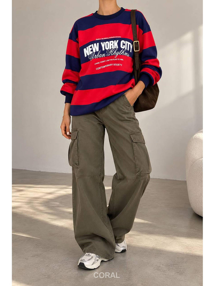 Yazılı Kalın Çizgili Sweatshirt 1132 Kırmızı