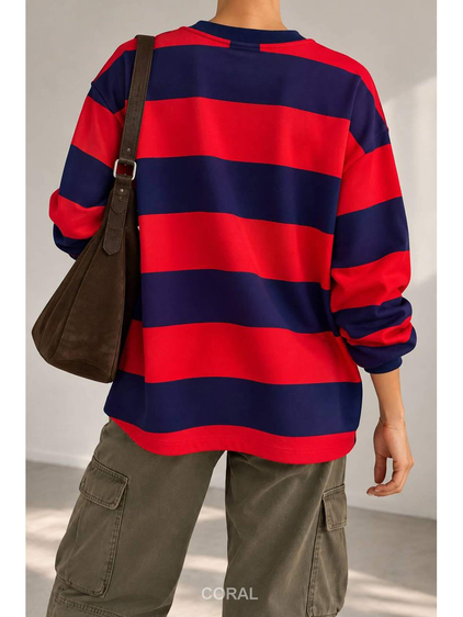 Yazılı Kalın Çizgili Sweatshirt 1132 Kırmızı