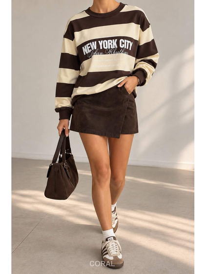 Yazılı Kalın Çizgili Sweatshirt 1132 Sarı