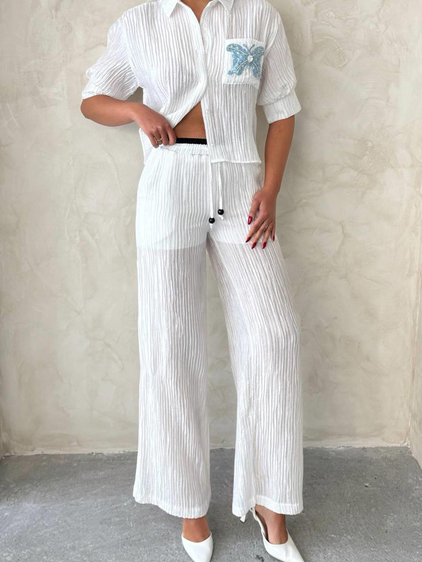 Bel Detaylı Piliseli Pantolon Krem-Coral