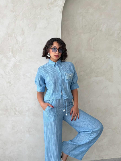 Bel Detaylı Piliseli Pantolon Mavi-Coral