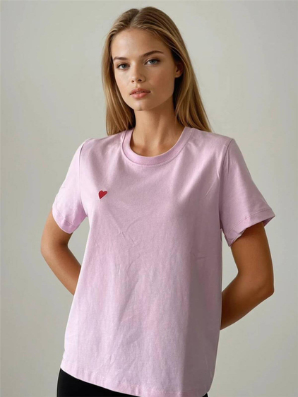 Küçük Kalp Nakışlı Kısa Tişört Pembe-Coral