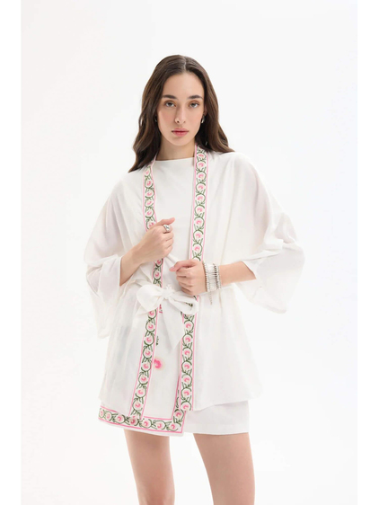 Nakış Detaylı Kimono Ceket Ekru-Coral